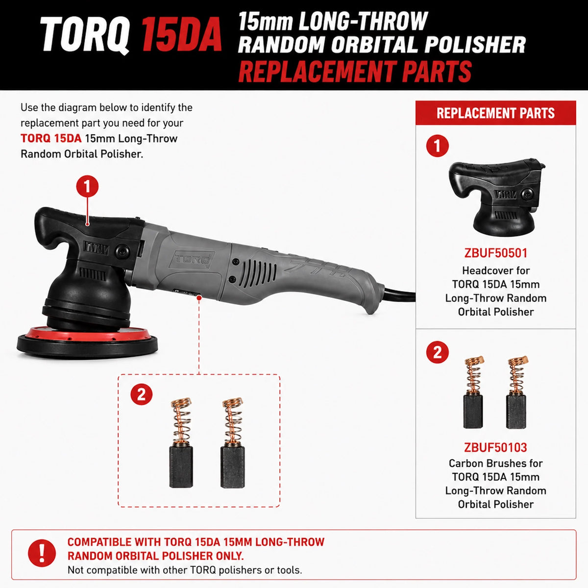 TORQ 15DA 15mm Long-Throw Random Orbital Polisher Replacement Parts